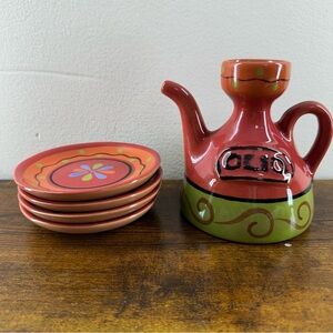 VTG Hand Painted Spanish Ceramic Olio Oil Cruet Pitcher & 4 Dipping Dishes Set